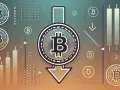 Grafika z ikonami Bitcoina i spadkowym wykresem. Widać symbol spadku, sugerujący granie na spadki.