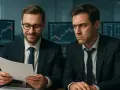 Dwóch mężczyzn w garniturach, jeden z uśmiechem czyta dokument, drugi patrzy podejrzliwie. Wyglądają jak oszuści z grupy kapitałowej.