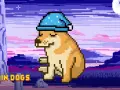 Pixelowy piesek w czapce do spania, symbol bitcoin dogs, odpoczywa pod księżycem.