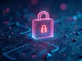 Neonowy symbol kłódki na tle obwodów drukowanych. Idealny na materiały promujące kurs jasmy o bezpieczeństwie cyfrowym.