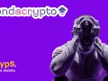 Zondacrypto i Cryps. Crypto. Society. na fioletowym tle. Mężczyzna w siatce 3D trzyma się za głowę, symbolizując stres związany z rynkiem kryptowalut, być może z powodu wahań wartości znd token.