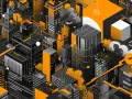 Stylizowana metropolia w odcieniach czerni, bieli i pomarańczy. Widać tu futurystyczne budynki, które mogą symbolizować rozwój technologii, jak np. xdc kurs.