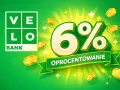 VELO BANK: konto oszczędnościowe z oprocentowaniem 6%. Złote monety i błyski symbolizują zysk.