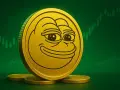 Złota moneta z wizerunkiem Pepe na tle zielonego wykresu świecowego. Pepe coin wykres pokazuje potencjalny wzrost.