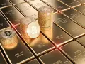 Złote sztabki i monety z symbolem Bitcoina, symbolizujące przyszłość finansów, gdzie fiat crypto staje się rzeczywistością.