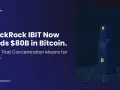 BlackRock IBIT trzyma 80 mld dolarów w Bitcoinie. Wieża z symbolami BTC symbolizuje ogromną inwestycję.