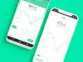 Dwa ekrany smartfonów z interfejsem aplikacji inwestycyjnej, podobnej do Robin Hood. Wykresy giełdowe i dane finansowe.