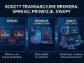 Ilustracja przedstawia koszty transakcyjne brokera: spread, prowizje i swapy. Widoczny jest ekran z cenami BID i ASK, pokazujący xtb spread.