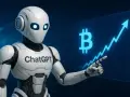 Robot ChatGPT wskazuje na wykres wzrostu Bitcoina, symbolizując potencjał kryptowalut i sztucznej inteligencji w finansach.