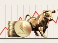 Złoty byk i stos monet Ethereum na tle wykresu wzrostu. Symbolizuje to bull run crypto.