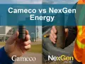 Porównanie materiałów: Cameco vs NexGen Energy. Ręka trzymająca próbkę uranu od Cameco na tle elektrowni jądrowej. Druga ręka trzymająca rudę od NexGen Energy na tle kopalni.