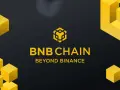 Żółte, geometryczne kształty otaczają logo BNB CHAIN. To wizualizacja przyszłości zdecentralizowanych technologii.