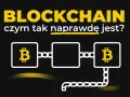 Grafika wyjaśnia, co to blockchain, pokazując połączone bloki z symbolem Bitcoina.