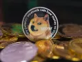 Dogecoin, "wowmuch coin how money so crypto", otoczony innymi monetami. Analiza dogecoin prognoza.
