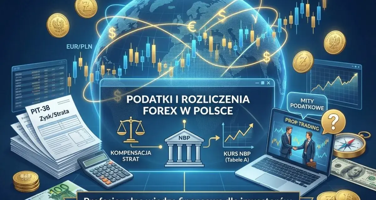 Jak nie płacić podatku od forex? Grafika przedstawia rozliczenia podatkowe, PIT-38, kalkulator, NBP, wykresy i waluty, sugerując profesjonalną wiedzę finansową.