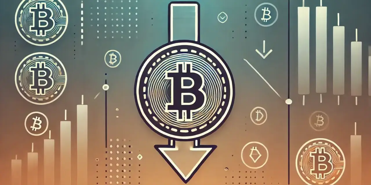 Grafika z ikonami Bitcoina i spadkowym wykresem. Widać symbol spadku, sugerujący granie na spadki.