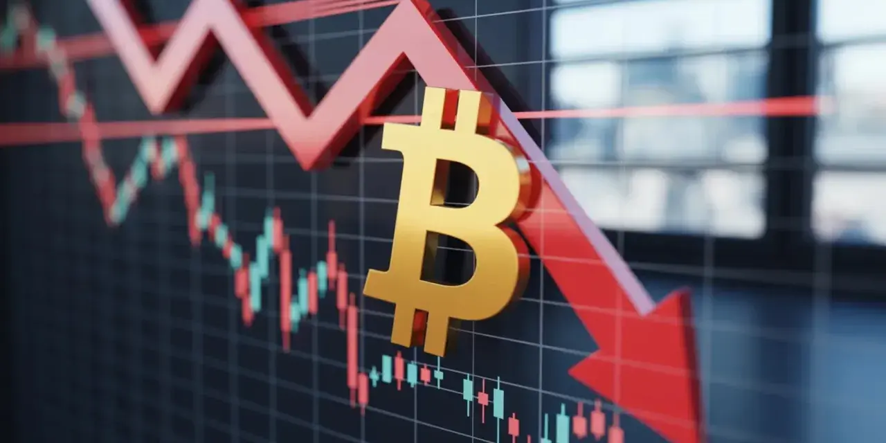 Złoty symbol bitcoin spada wraz z wykresem świecowym, wskazując na spadki wartości. W tle widać odbicie okien, sugerujące biuro.