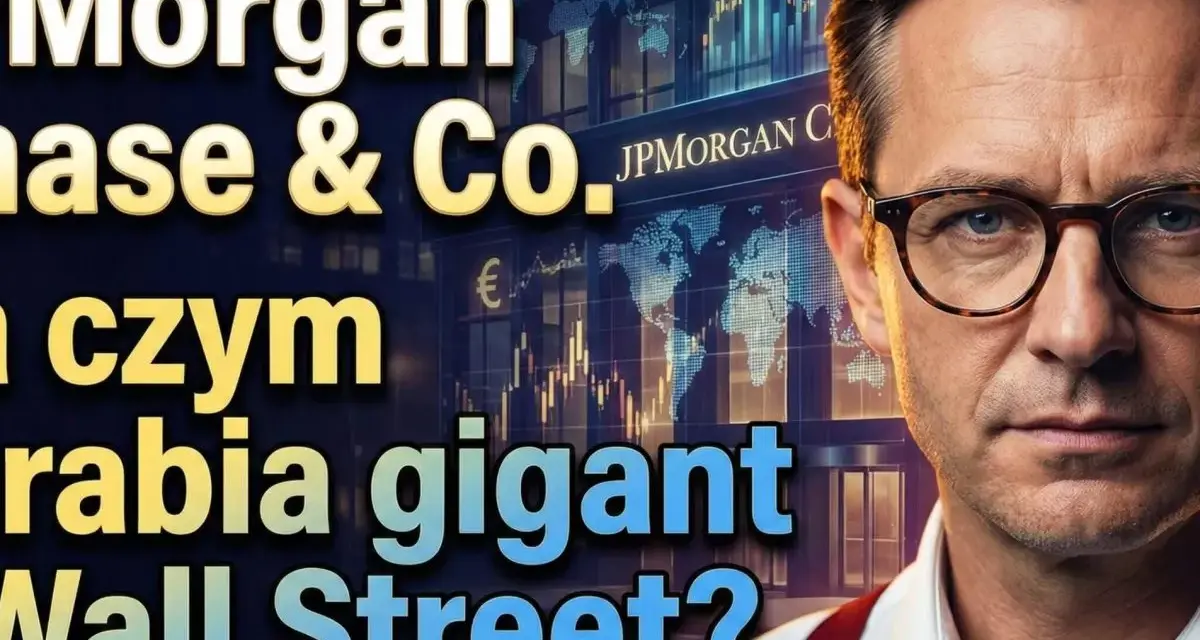 Portret mężczyzny w okularach na tle wykresów giełdowych i logo JPMorgan Chase & Co. Analiza jp morgan akcje.