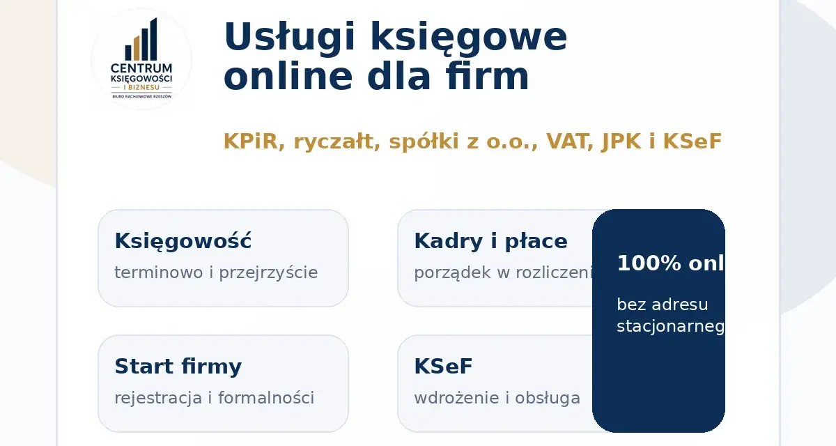 Usługi księgowe online dla firm: KPIR, ryczałt, spółki, VAT, JPK, KSeF. Dowiedz się, jak samemu prowadzić księgowość ryczałt.
