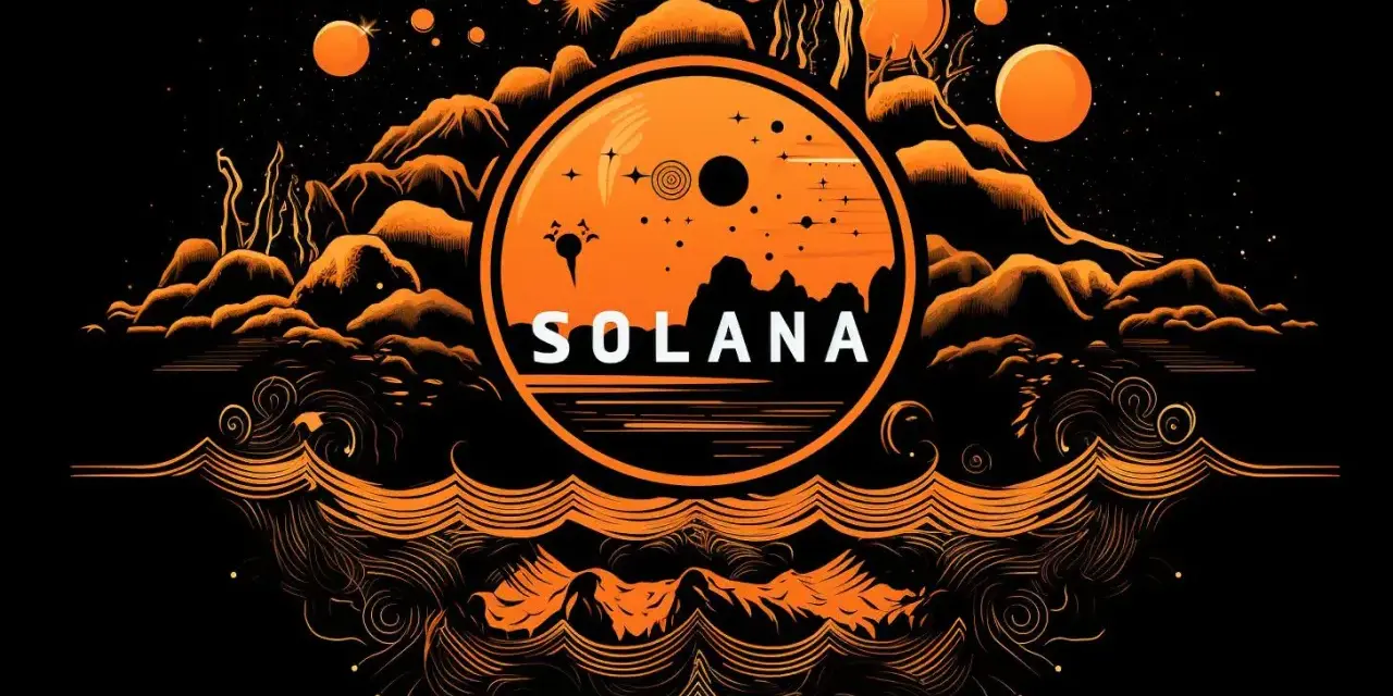 Pomarańczowy, kosmiczny krajobraz z napisem SOLANA w centrum. W tle góry i planety, symbolizujące potencjał solana usd.