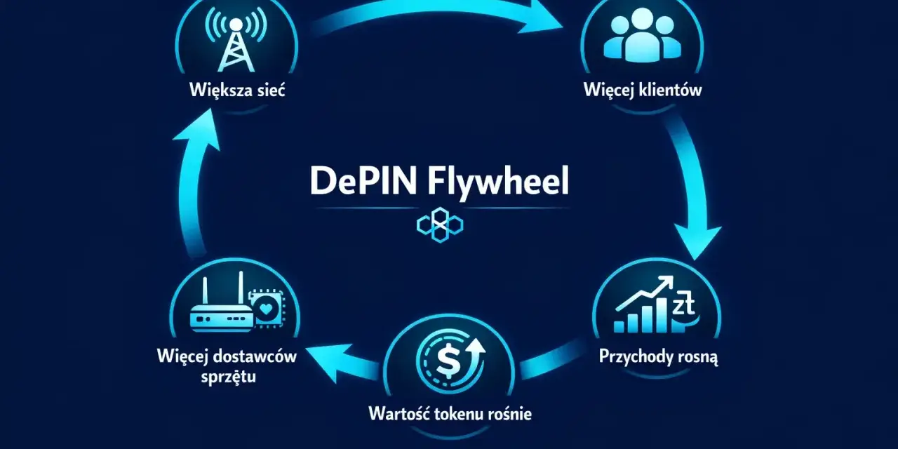 Cykl DePIN: większa sieć, więcej klientów, rosnące przychody, rosnąca wartość tokenu i więcej dostawców sprzętu.