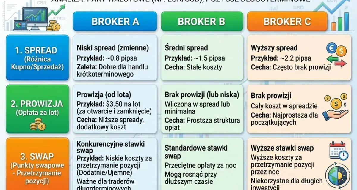 Porównanie kosztów u brokerów Forex: niski, średni i wysoki spread. Wybór zależy od strategii, np. scalping vs. trading długoterminowy.