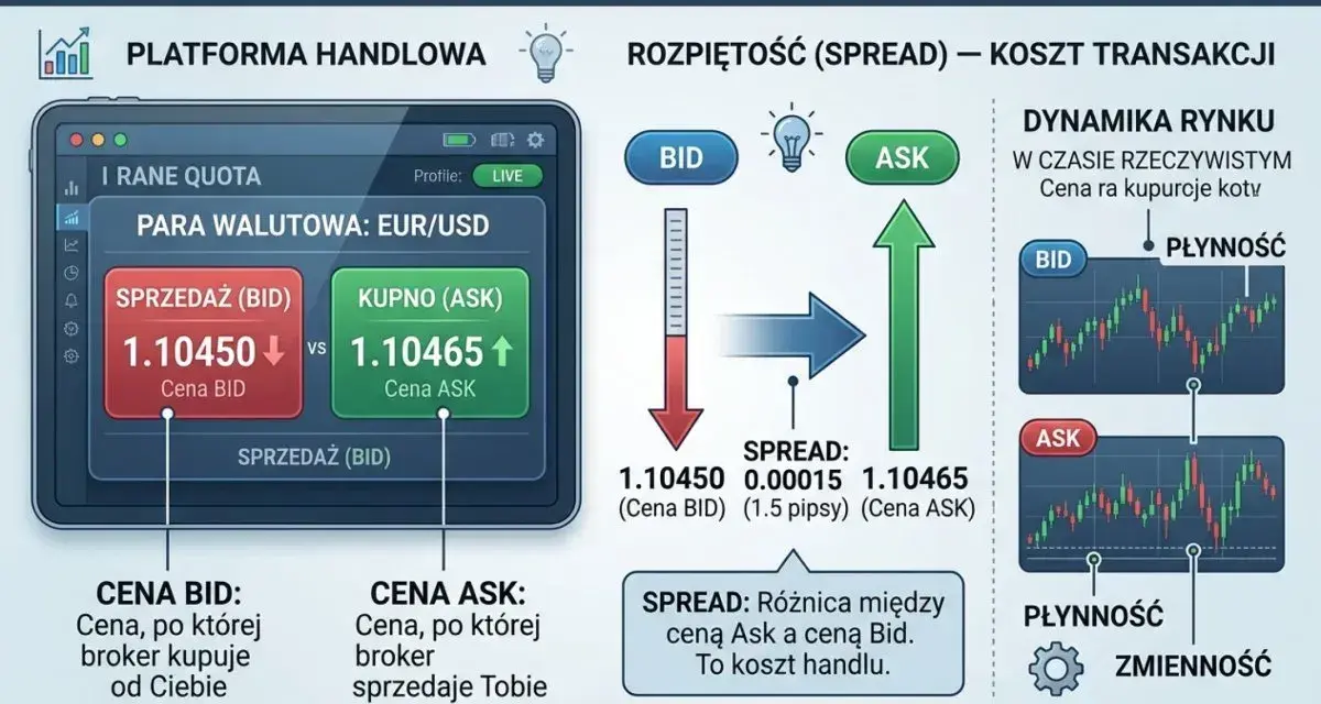 Ilustracja wyjaśnia pojęcia BID, ASK i Spread na platformie handlowej. Broker oferuje kursy kupna i sprzedaży, a różnica między nimi to Spread, czyli koszt transakcji.