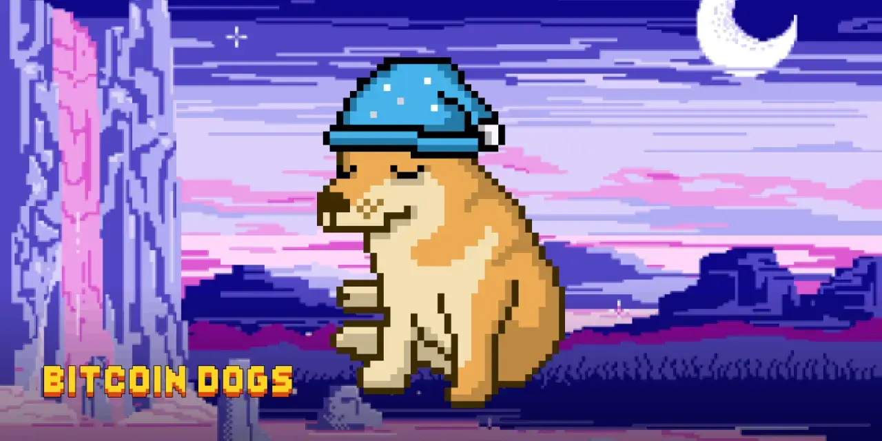 Pixelowy piesek w czapce do spania, symbol bitcoin dogs, odpoczywa pod księżycem.
