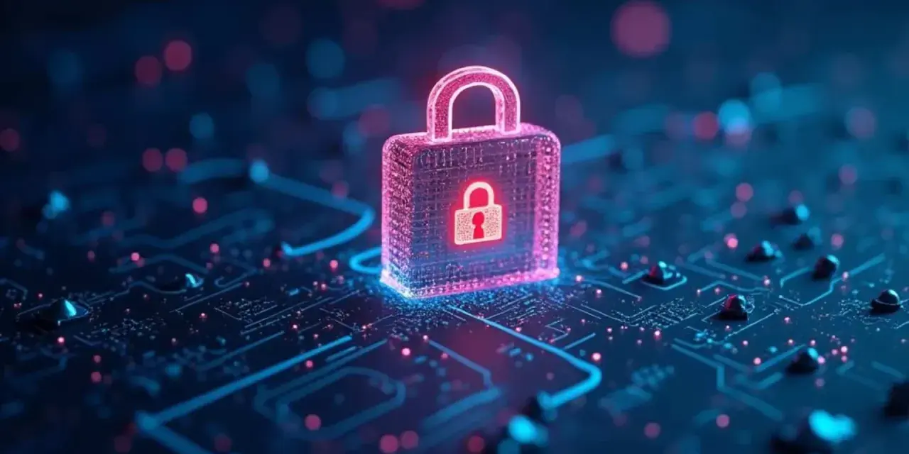 Neonowy symbol kłódki na tle obwodów drukowanych. Idealny na materiały promujące kurs jasmy o bezpieczeństwie cyfrowym.