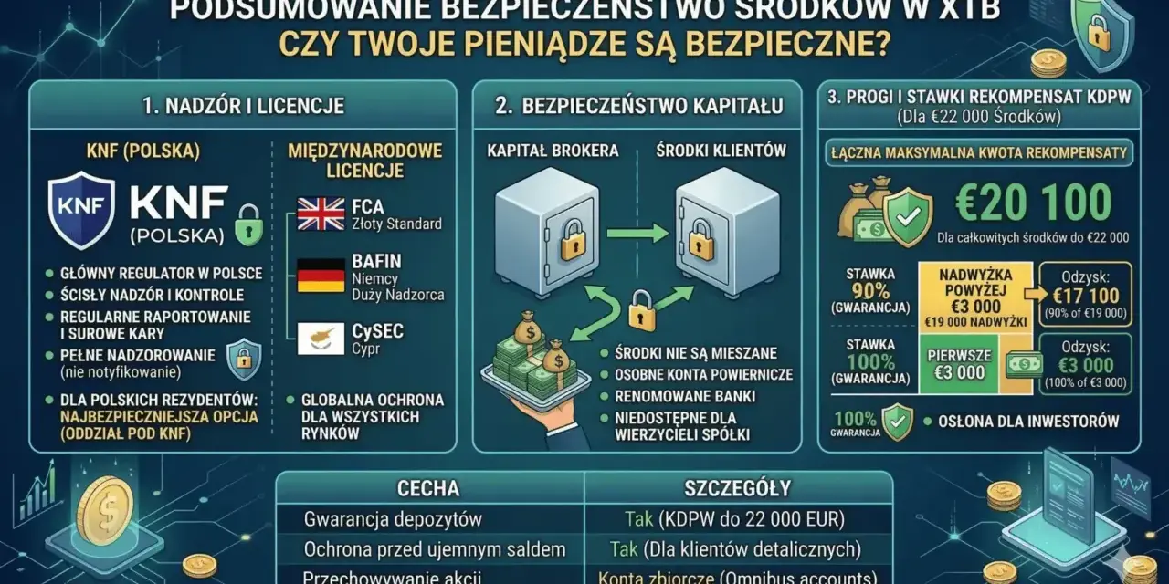 Grafika przedstawia podsumowanie bezpieczeństwa środków w XTB, z logo KNF (Polska) i informacjami o licencjach.