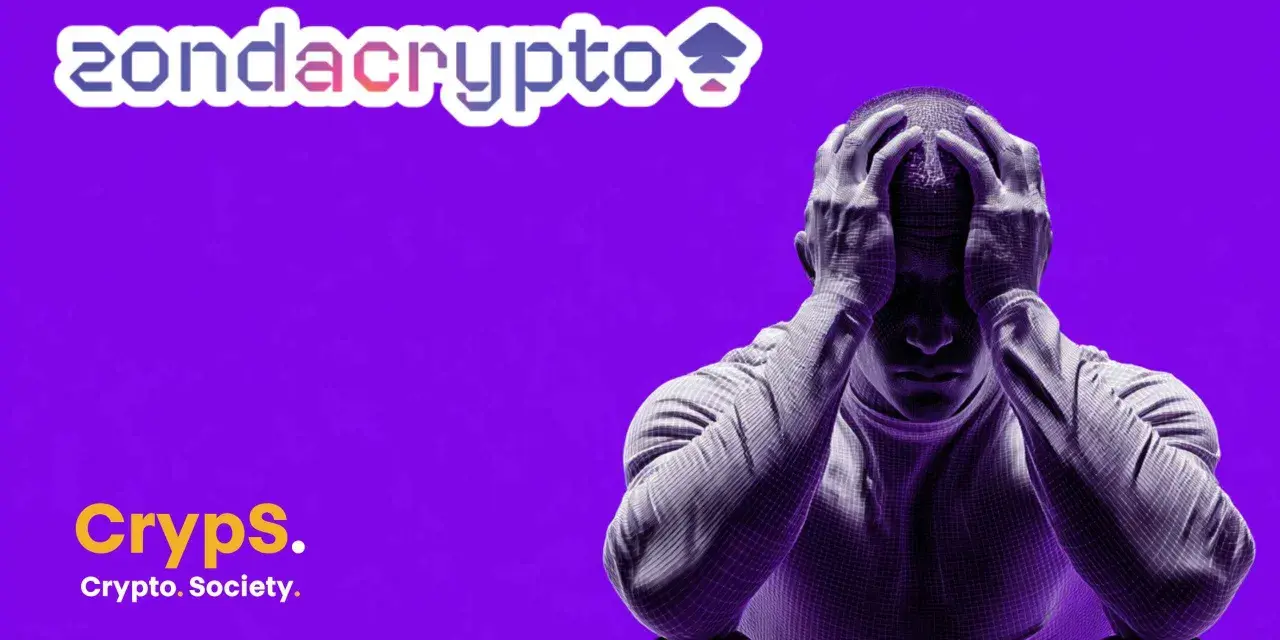 Zondacrypto i Cryps. Crypto. Society. na fioletowym tle. Mężczyzna w siatce 3D trzyma się za głowę, symbolizując stres związany z rynkiem kryptowalut, być może z powodu wahań wartości znd token.
