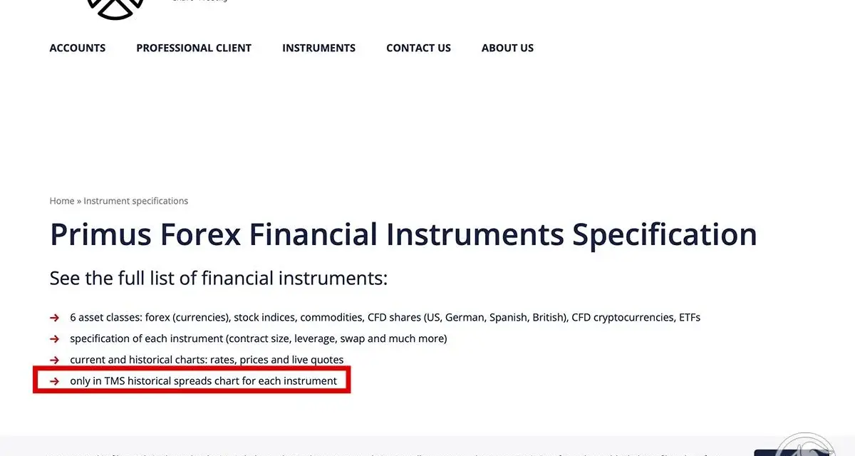 Strona Primus Forex, gdzie lista instrumentów zawiera "only in TMS historical spreads chart". Uważaj na tms brokers oszuści.