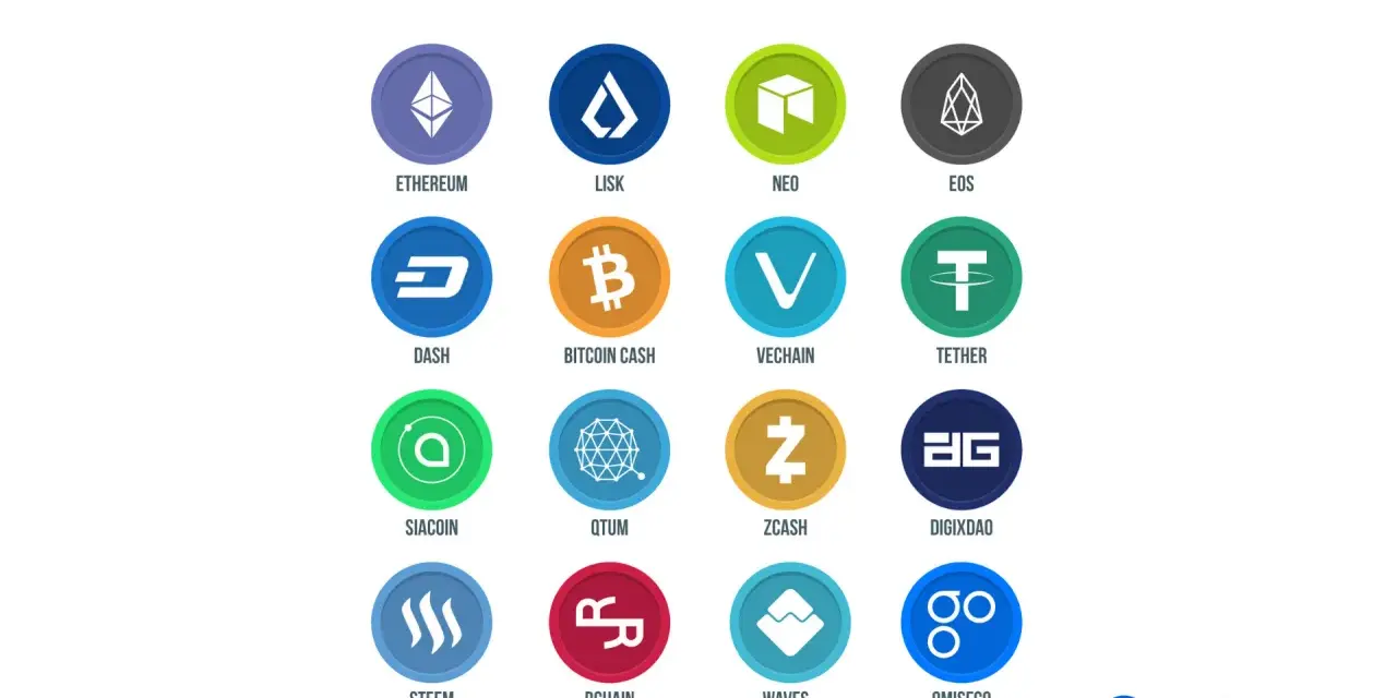 Kolekcja ikon przedstawiająca nazwy kryptowalut: Ethereum, Lisk, Neo, EOS, Dash, Bitcoin Cash, VeChain, Tether, Siacoin, Qtum, Zcash, DigixDAO, Steem, Rchain, Waves, OmiseGo.