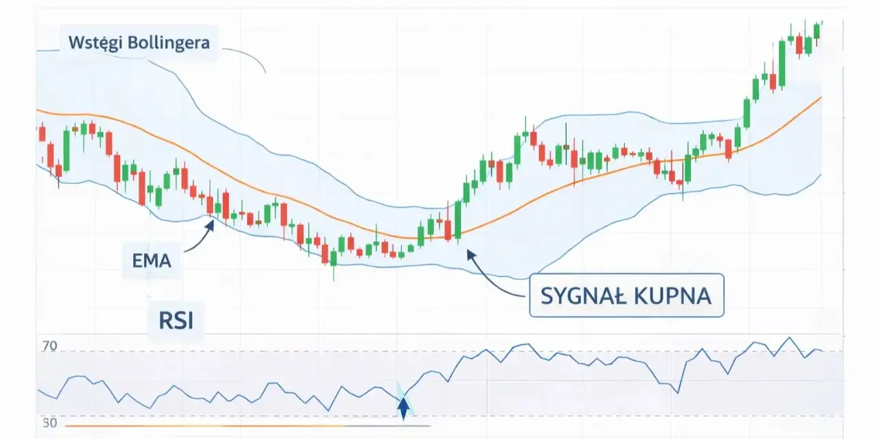 Wykres świecowy z wstęgami Bollingera, EMA i RSI. Analiza techniczna pokazuje sygnał kupna.