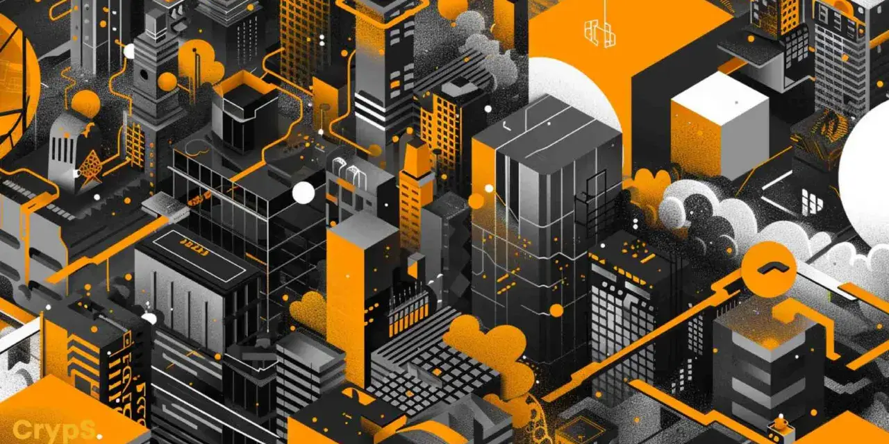 Stylizowana metropolia w odcieniach czerni, bieli i pomarańczy. Widać tu futurystyczne budynki, które mogą symbolizować rozwój technologii, jak np. xdc kurs.