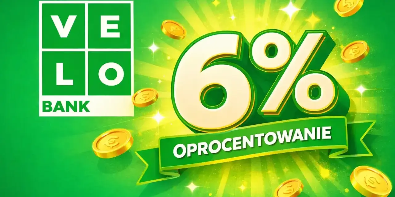 VELO BANK: konto oszczędnościowe z oprocentowaniem 6%. Złote monety i błyski symbolizują zysk.
