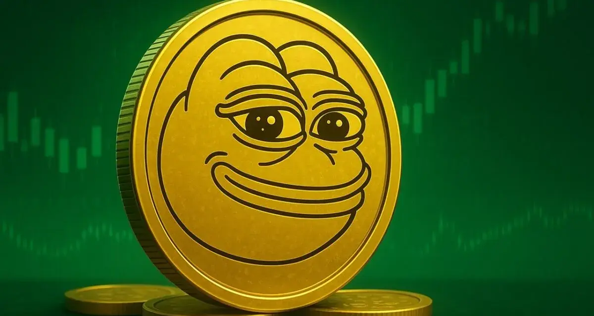 Złota moneta z wizerunkiem Pepe na tle zielonego wykresu świecowego. Pepe coin wykres pokazuje potencjalny wzrost.