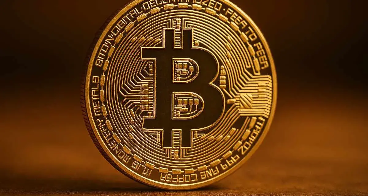Złota moneta z symbolem Bitcoina, idealna do śledzenia kursu Bitcoin PLN.