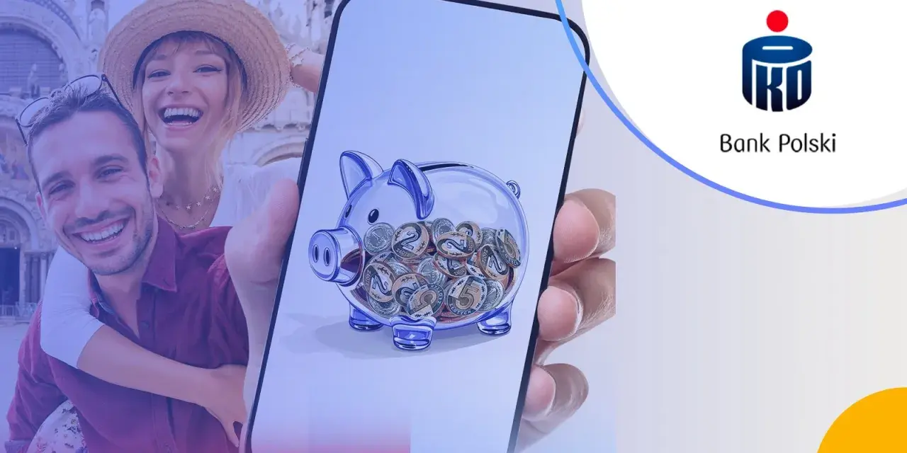 Szczęśliwa para robi selfie, a na ekranie telefonu widnieje skarbonka z monetami. Sprawdź atrakcyjne konto oszczędnościowe PKO BP oprocentowanie!