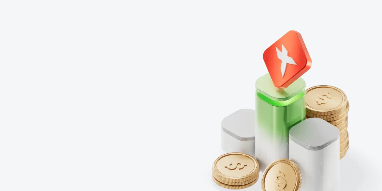 Ikona XTB stop loss na zielonym postumencie, otoczona złotymi monetami.