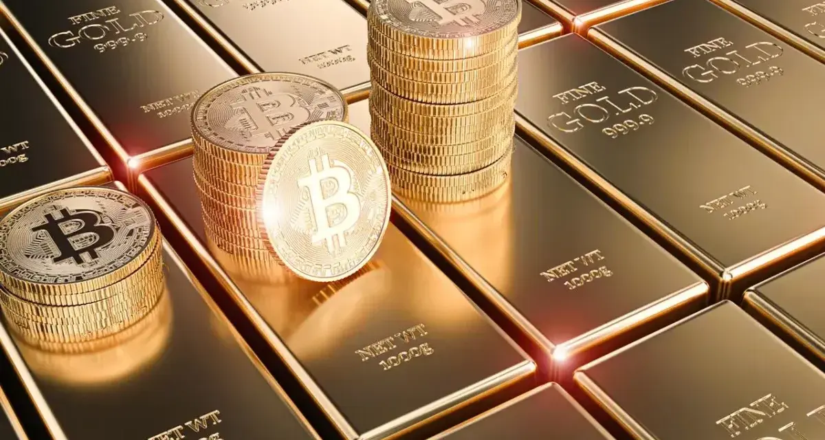 Złote sztabki i monety z symbolem Bitcoina, symbolizujące przyszłość finansów, gdzie fiat crypto staje się rzeczywistością.
