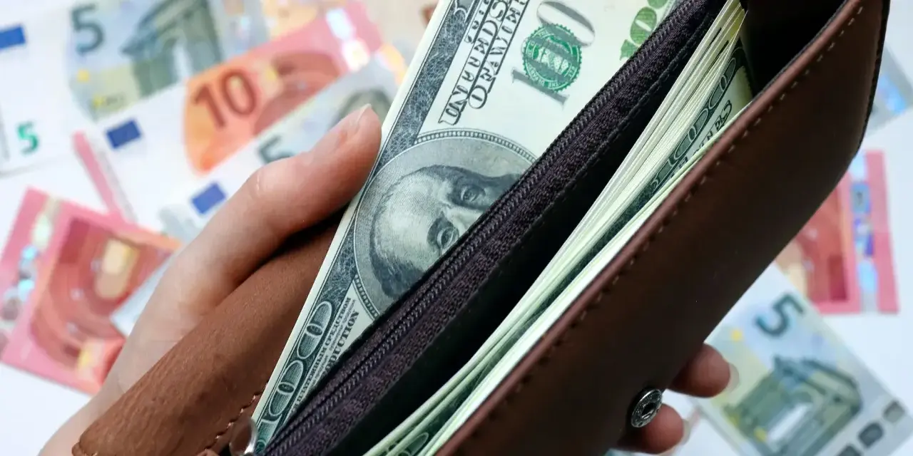 Dłoń trzyma brązowy portfel z banknotami dolarowymi. W tle widać rozrzucone euro. Czy warto kupować dolary?
