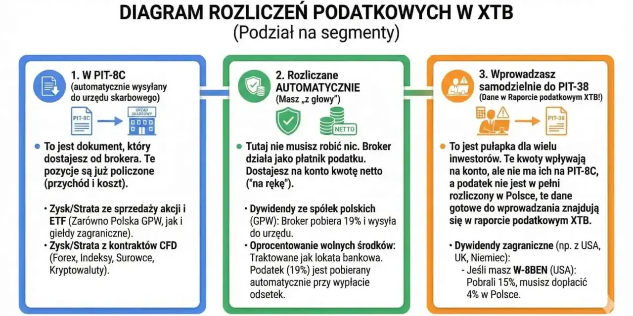 Diagram rozliczeń podatkowych w XTB: PIT-8C od brokera, rozliczenia automatyczne i samodzielne wprowadzanie danych do PIT-38. XTB podatki.