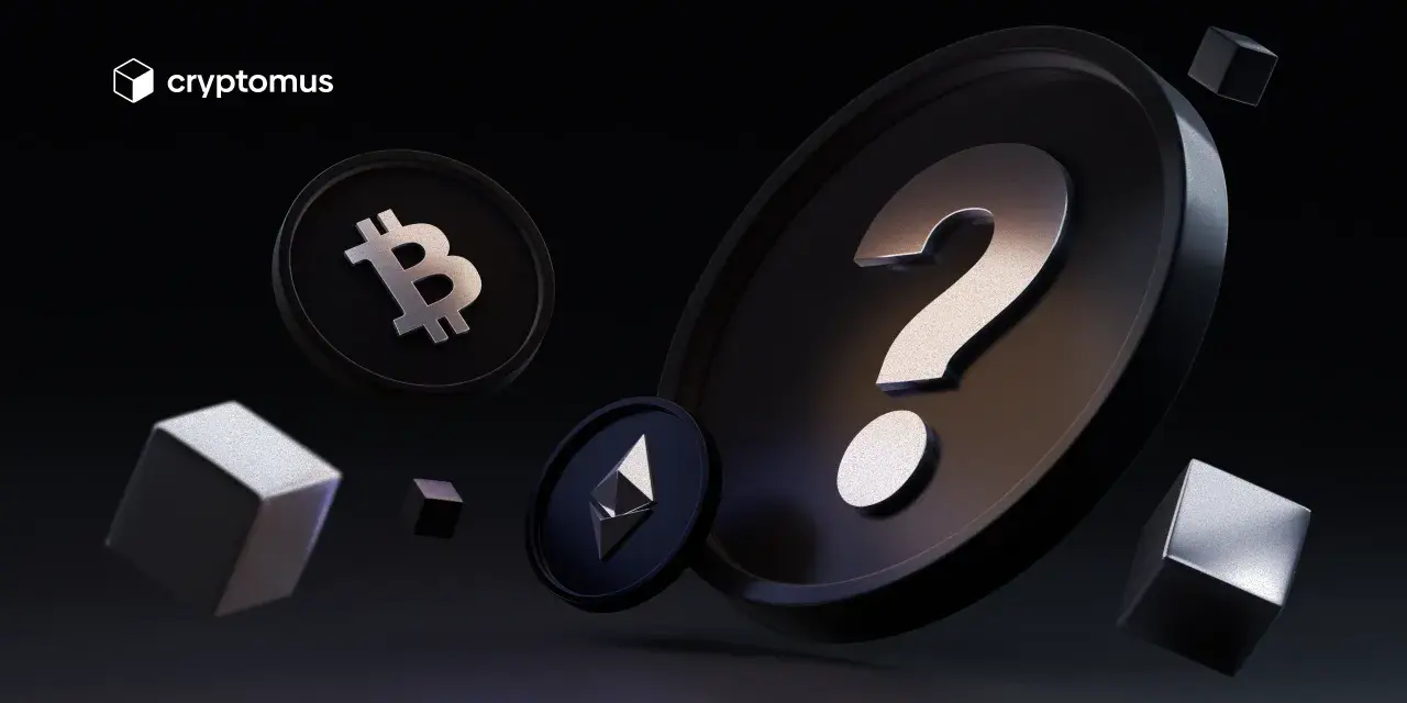 Jak stworzyć kryptowalutę? Monety Bitcoin i Ethereum, znak zapytania i kostki na ciemnym tle.