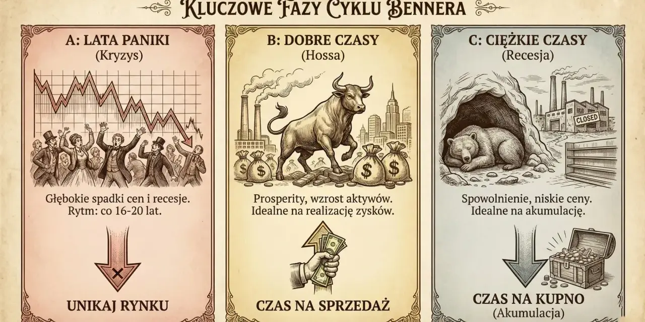 Ilustracja przedstawia kluczowe fazy cyklu Bennera: panikę (spadki, unikanie rynku), dobre czasy (hossa, sprzedaż) i ciężkie czasy (recesja, kupno).