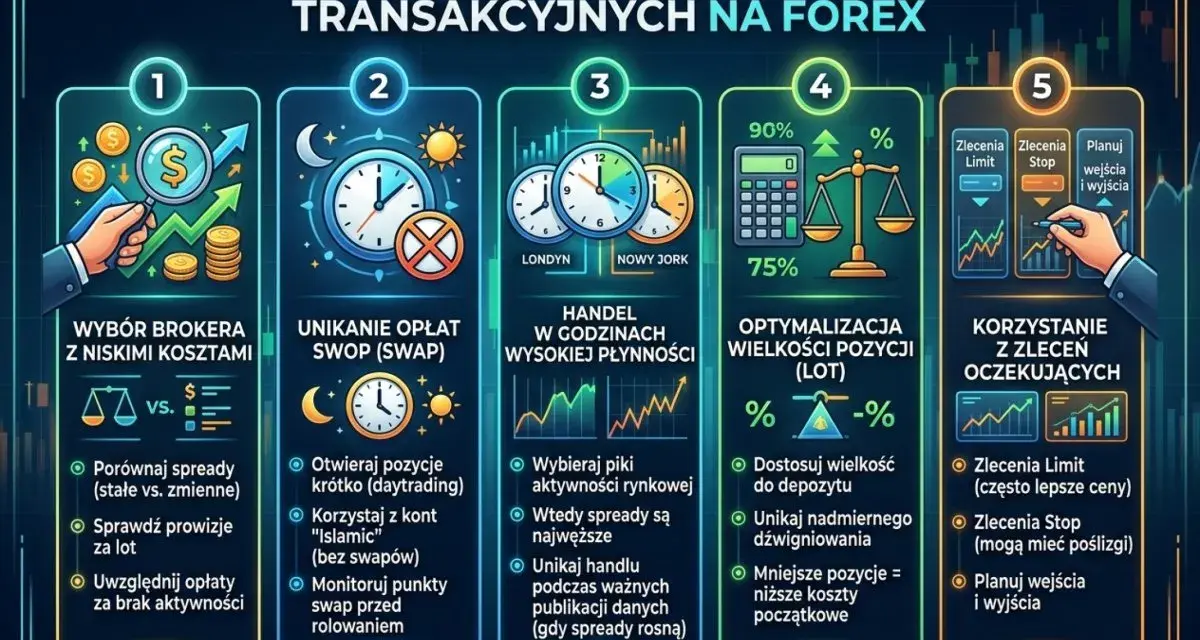 Checklista minimalizacji kosztów transakcyjnych na Forex: wybór brokera, unikanie opłat swap, handel w godzinach płynności, optymalizacja lotów, zlecenia oczekujące. Punkty swapowe XTB są kluczowe.