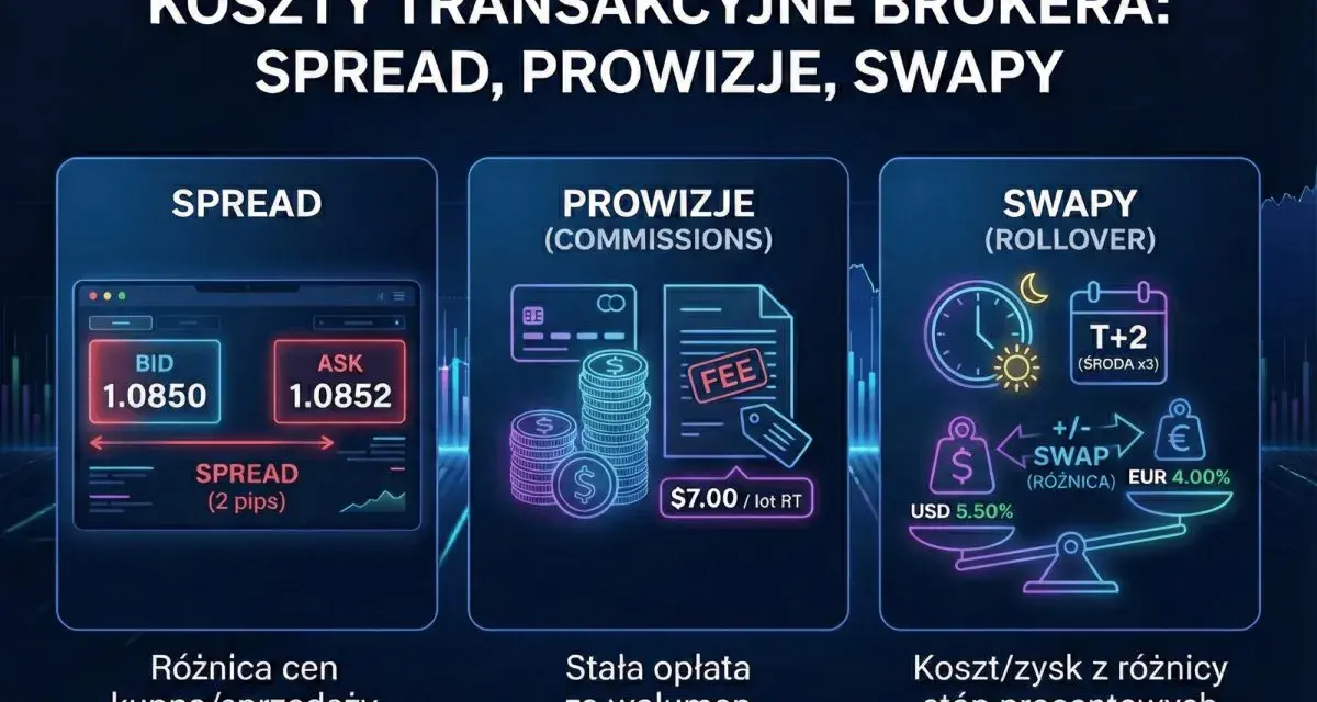 Ilustracja przedstawia koszty transakcyjne brokera: spread, prowizje i swapy. Widoczny jest ekran z cenami BID i ASK, pokazujący xtb spread.