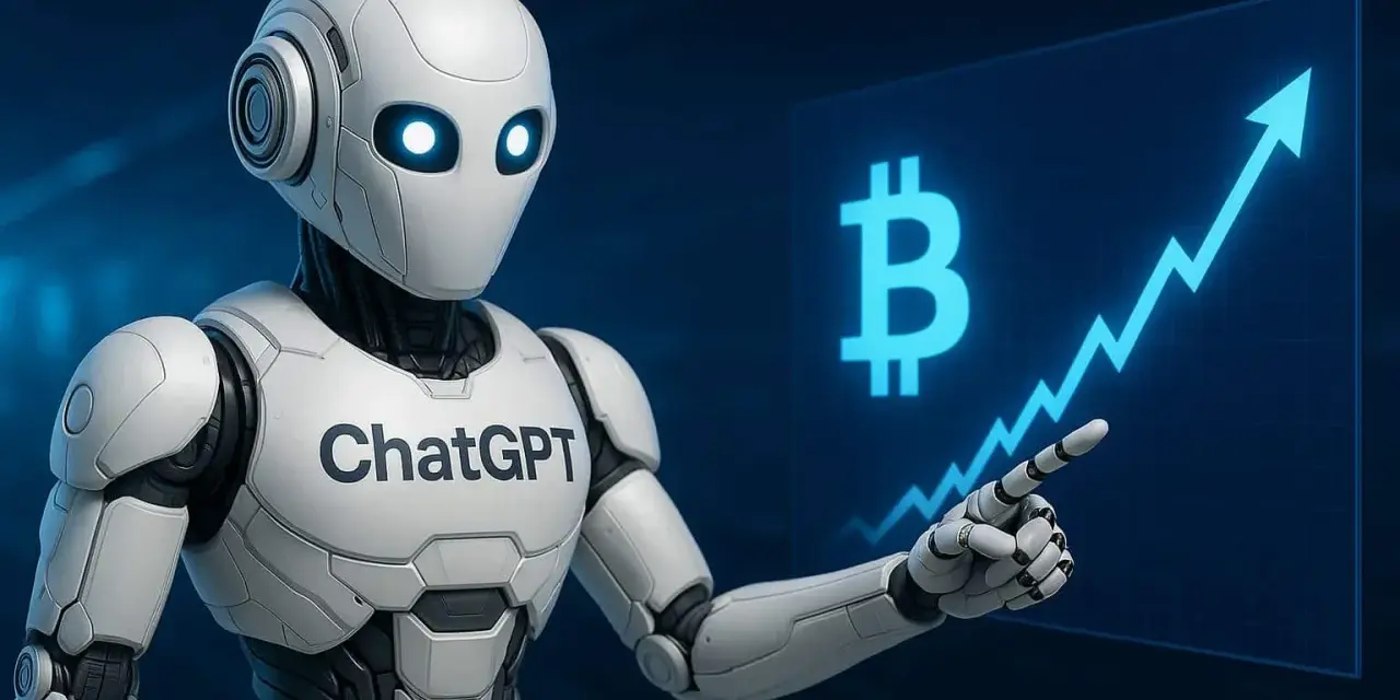 Robot ChatGPT wskazuje na wykres wzrostu Bitcoina, symbolizując potencjał kryptowalut i sztucznej inteligencji w finansach.