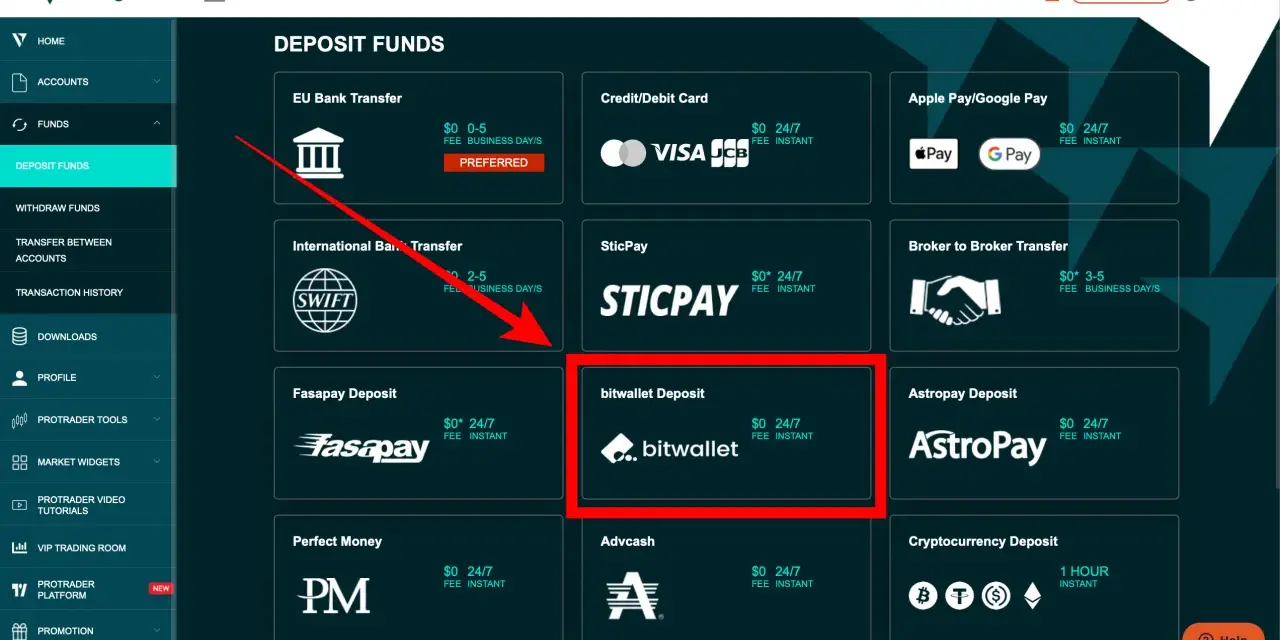 Wybór metody wpłaty na platformie vantage markets: bitwallet Deposit.