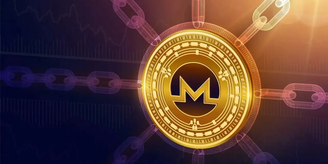 Złota moneta Monero (XMR) połączona łańcuchami z cyfrowym tłem, sugerująca handel i inwestycje w kryptowaluty, np. z polskim PLN.